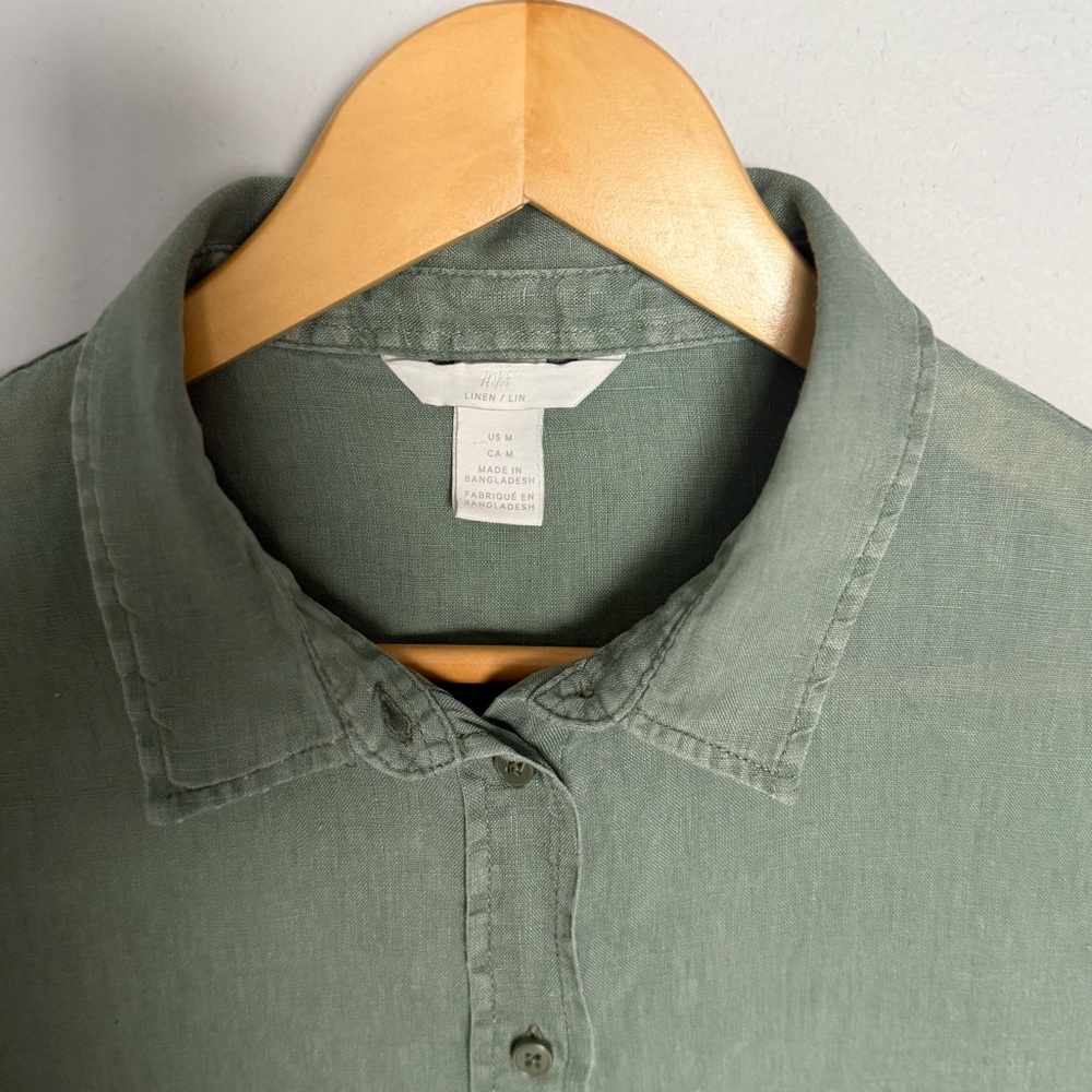 H&M 100% Linen Button Down Shirt Women’s Medium Sage Green Long Sleeve - Picture 8 of 8